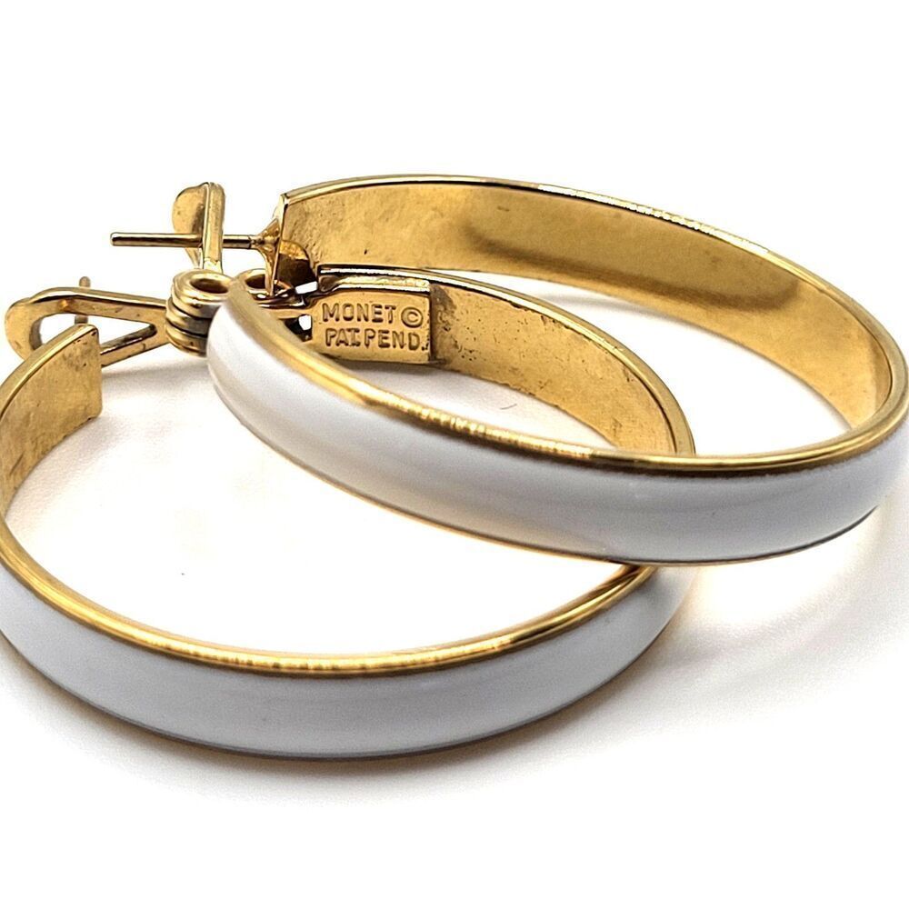 MONET Gold Plated Enamel Hoop Earrings 1.25in